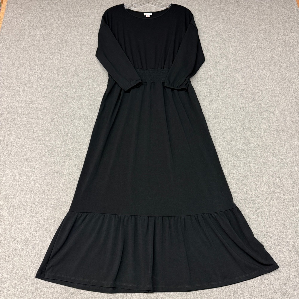 LuLaRoe Maxi Dress XS Black Smocked Waist Ruffle Hem Long Sleeve Round Neck